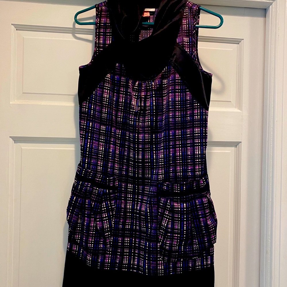 Black and purple cowl neck dress with pockets